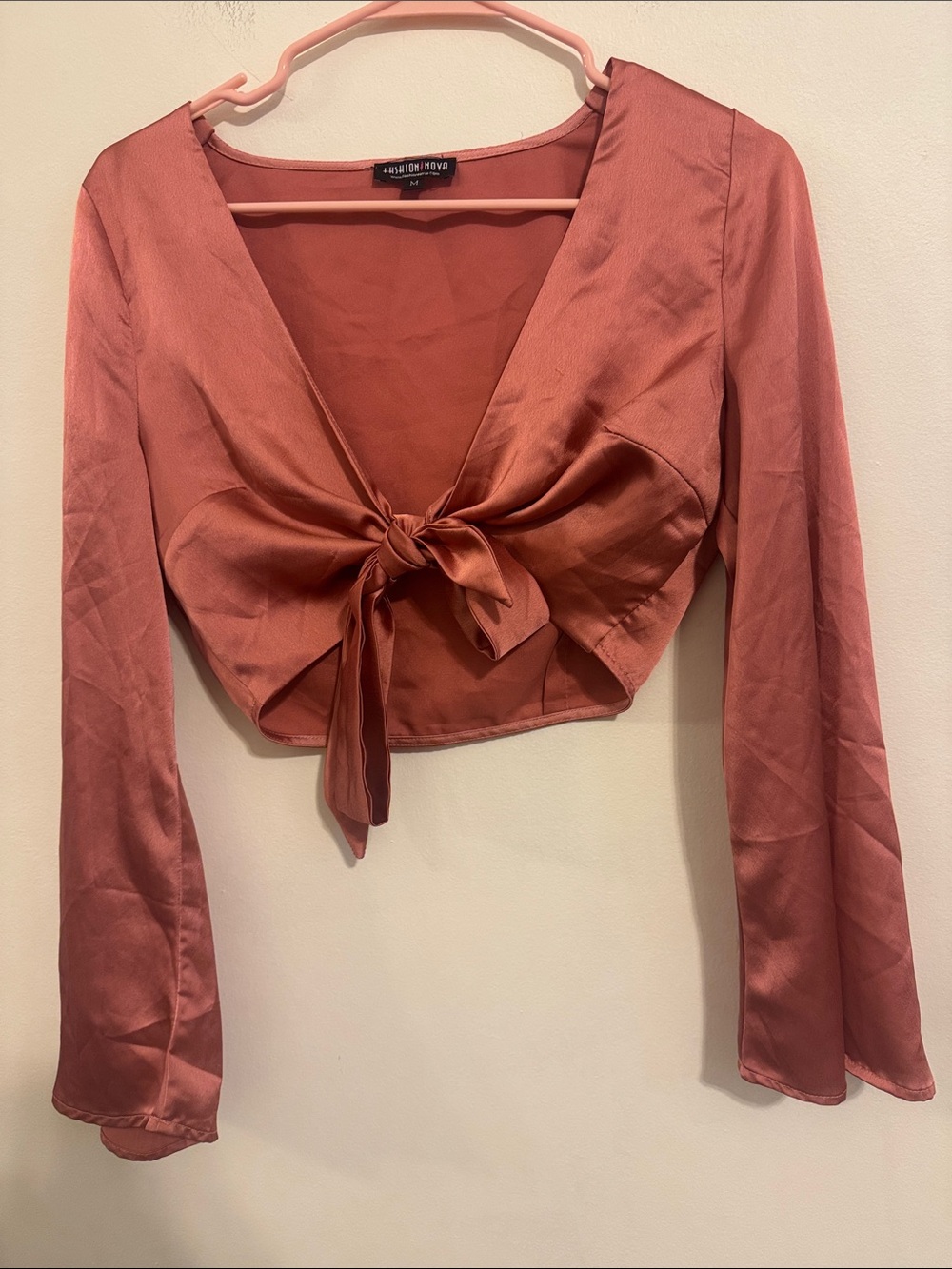 Fashion Nova Rust Tie-Front Satin Crop Blouse - Rust